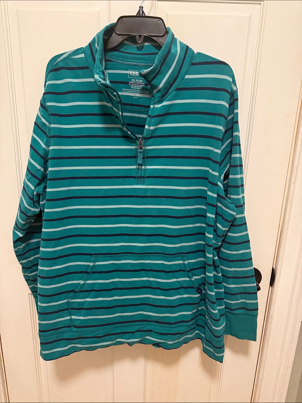 L.L. Bean Women’s Teal and Navy Striped Quarter-Zip Pullover